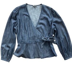 GAP Blouson Sleeve Denim Wrap Top Indigo Blue